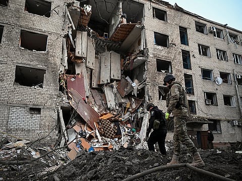 A dormitory building heavily damaged during an overnight Russian missile and drone strikes, amid Russia