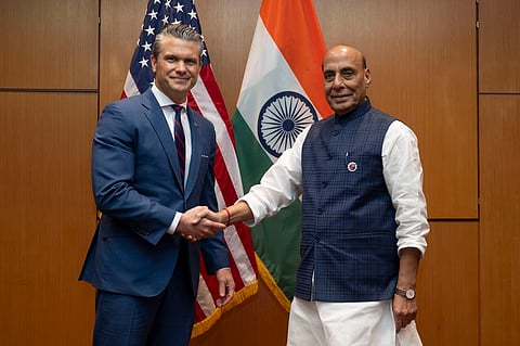 US Defence Secretary Pete Hegseth with India Defence Minister Rajnath Singh.