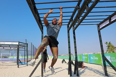Enthusiast going through different workout drills on the opening day of Dubai Fitness Challenge 30X30 at Kite Beach Fitness Village on Saturday.