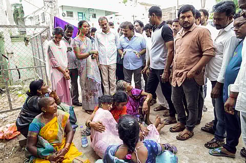 Jana Sena Party leader Srikakulam Urban Development Authority Chairman Korikana Ravikumar visits the stampede-affected area near the Sri Venkateswara Swamy temple, in Srikakulam on Saturday.