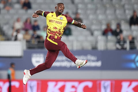West Indies' Jayden Seales celebrates the wicket of New Zealand’s Michael Bracewell during the first Twenty20 international cricket match between New Zealand and West Indies played at Eden Park in Auckland on November 5, 2025.
