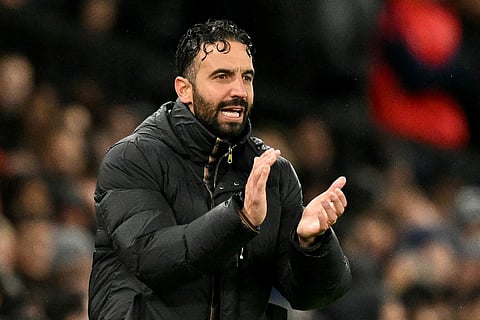 Manchester United's Portuguese head coach Ruben Amorim shouts instructions to the players from the touchline during the English Premier League football match between Manchester United and Chelsea at Old Trafford in Manchester, north west England, on September 20, 2025.