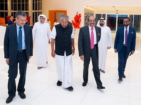 Kerala Chief Minister Pinarayi Vijayan received at the Al Bateen Executive Airport by India’s new Ambassador to the UAE, Dr Deepak Mittal, and Lulu Group International Chairman and Managing Director M.A. Yusuff Ali.