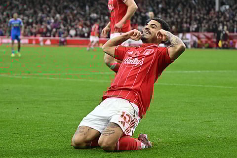 Nottingham Forest's English midfielder Morgan Gibbs-White celebrates after scoring their second goal during the English Premier League football match against Leeds United at The City Ground in Nottingham, central England, on November 9, 2025.