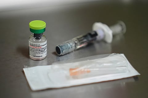 A vial of the measles, mumps and rubella (MMR) vaccine is pictured at International Community Health Services, Wednesday, Sept. 10, 2025, in Seattle.
