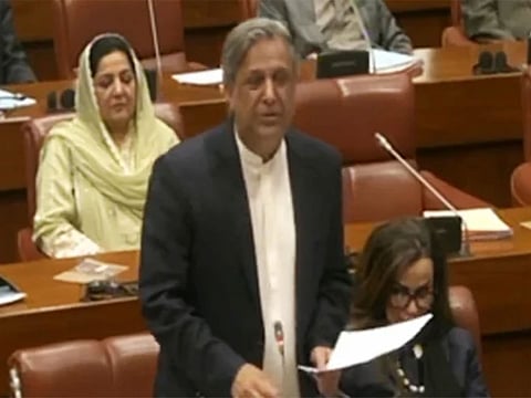 Law Minister Azam Nazeer Tarar speaks during the Senate session in Islamabad, on November 10, 2025.