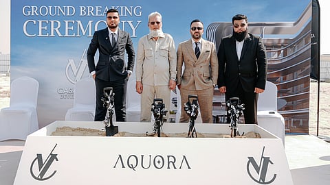 Abdul Basit Musani, chairman and Muhammad Tariq Musani, Group CEO, of Casa Vista Development, joined by their father and brother – members of the founding family – at the groundbreaking ceremony of Aquora