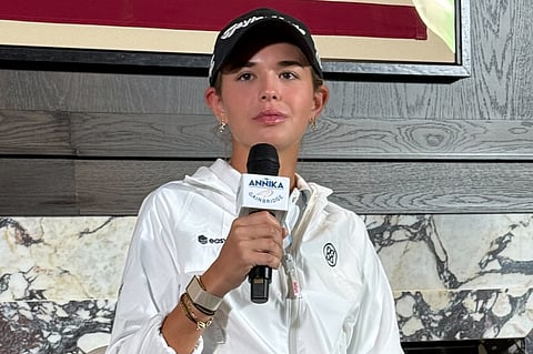 Kai Trump speaks during a press conference for The Annika LPGA golf tournament, Tuesday, Nov. 11, 2025, in Belleair, Fla..