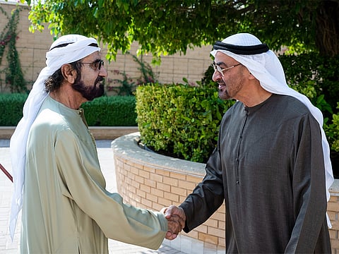 President His Highness Sheikh Mohamed bin Zayed Al Nahyan with His Highness Sheikh Mohammed bin Rashid Al Maktoum, Vice President, Prime Minister, and Ruler of Dubai.