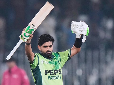 Pakistan's Babar Azam celebrates after his century during the second ODI match against Sri Lanka, in Rawalpindi, Pakistan, on Friday, November 14, 2025.