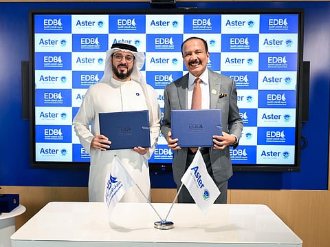 The financing agreement was signed by Dr. Azad Moopen, Founder Chairman of Aster DM Healthcare, and Ahmed Mohamed Al Naqbi, CEO of Emirates Development Bank, in the presence of senior representatives from both organisations.