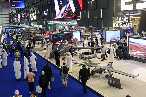 Visitors explore the first day of Dubai Airshow 2025 at Dubai World Central on Monday. Photo: Virendra Saklani/Gulf News