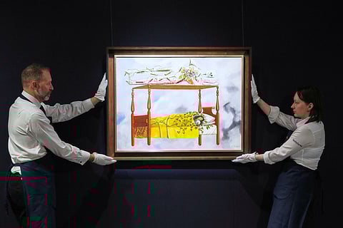 FILE - A painting by Frida Kahlo titled "El sueño (La cama)" or (The Dream (The Bed), is displayed at Sotheby's auction rooms in London, Sept. 19, 2025.