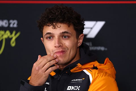 Lando Norris of Great Britain and McLaren looks on in the Drivers Press Conference during previews ahead of the F1 Grand Prix of Las Vegas at Las Vegas Strip Circuit on November 19, 2025 in Las Vegas, Nevada.