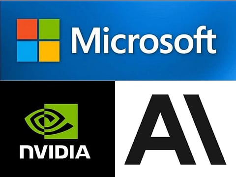 The logos of Microsoft, Nvidia and OpenAI