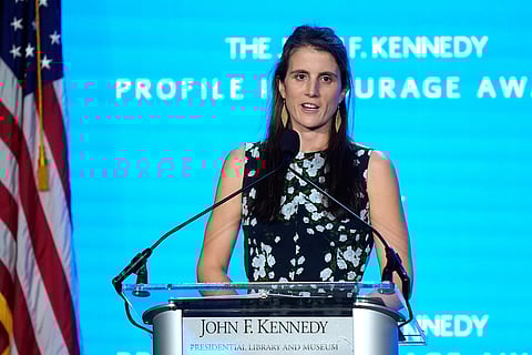 Tatiana Schlossberg, the daughter of Caroline Kennedy and Edwin Schlossberg, addresses an audience during the John F. Kennedy Profile in Courage Award ceremony, at the John F. Kennedy Presidential Library and Museum in Boston, Oct. 29, 2023.