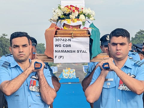 The mortal remains of Indian Air Force pilot Wing Commander Namansh Syal were brought home onboard an IAF C-130 and received with full military honours at the Indian Air Force base in Southern Air Command .