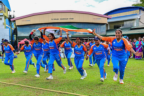 India's players celebrate after their team's victory in the first Blind Women's Twenty20 World Cup 2025 final match against Nepal at the P Sara Oval International Cricket Stadium in Colombo on November 23, 2025.