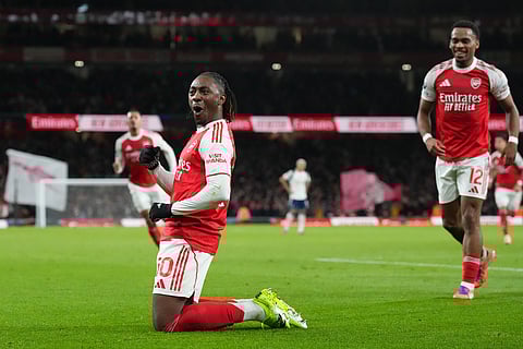 Arsenal's Eberechi Eze celebrates after scoring during a Premier League match against Tottenham in London, Sunday, Nov. 23, 2025.