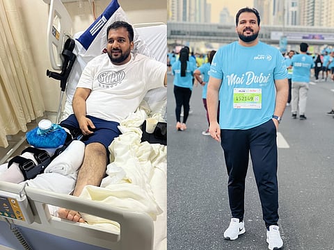 Before and after Nabeel’s remarkable recovery from knee surgery to completing the Dubai Run 5 km.