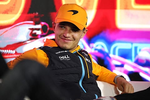 Lando Norris of Great Britain and McLaren looks on in the Drivers Press Conference during previews ahead of the F1 Grand Prix of Las Vegas at Las Vegas Strip Circuit on November 15, 2023 in Las Vegas, Nevada.