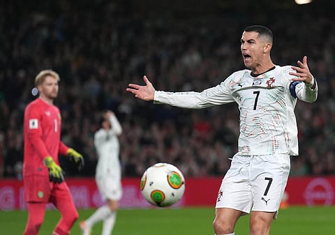 Portugal's Cristiano Ronaldo reacts during a World Cup 2026 group F qualifying soccer match between Ireland and Portugal in Dublin, Thursday, Nov. 13, 2025.