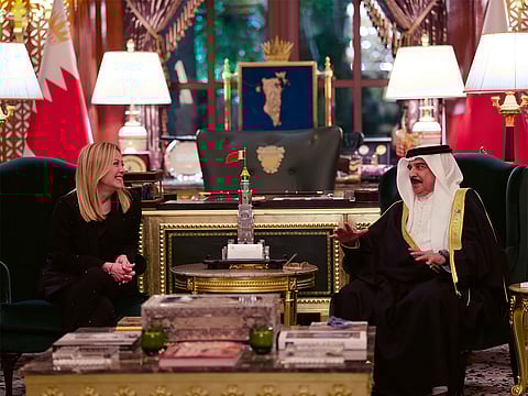 King Hamad bin Isa Al Khalifa received on Tuesday Italian Prime Minister Giorgia Meloni, at Al Sakhir Palace during her visit to Bahrain to attend the 46th Gulf Cooperation Council Summit as a Guest of Honour.