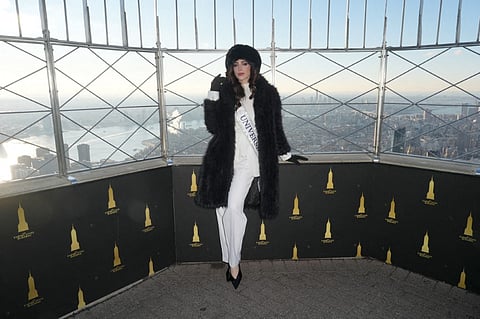Miss Universe Fátima Bosch Fernández visits The Empire State Building on December 03, 2025 in New York City.