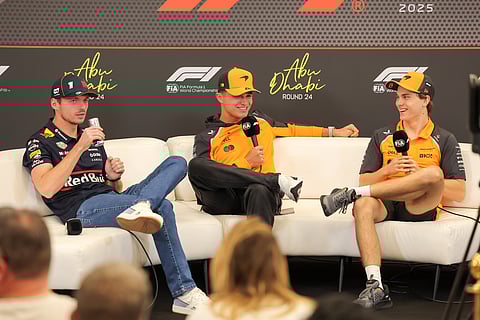 Max Verstappen of Red Bull, Lando Norris and Oscar Piastri of McLaren during a press conference ahead of Formula 1 Etihad Airways Abu Dhabi Grand Prix 2025 at the Yas Marina Circuit yesterday.