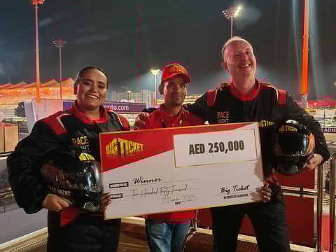 Muhammad Mohin with Big Ticket hosts Bouchra and Richard aboard the yacht at Yas Marina Circuit.