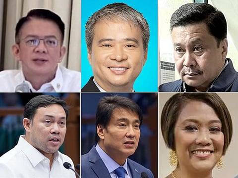 Clockwise from top left: Chiz Escudero, Joel Villanueva, Jinggoy Estrada, Nancy Binay, Ramon Bong Revilla Jr and Mark Villar.
