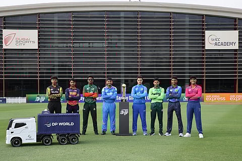 Captains pose with the trophy ahead of the ACC Men’s U19 Asia Cup 2025 at the ICC Academy Ground, Dubai on December 11, 2025.