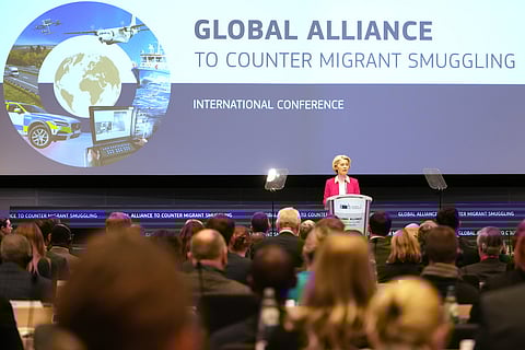 European Commission President Ursula von der Leyen addresses a Conference of the Global Alliance to Counter Migrant Smuggling at the EU Charlemagne building in Brussels, Wednesday, Dec 10, 2025.