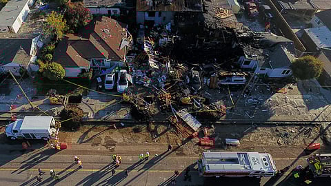 Damage is seen at the scene of a gas explosion in Hayward, Californi, Thursday, Dec. 11, 2025.