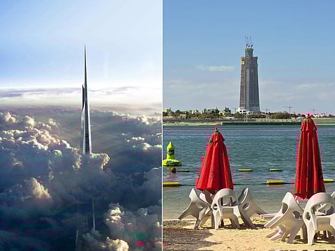 Artist's conception of the Jeddah Tower (left), and its current progress in the Jeddah Economic City on Saudi Arabia's Red Sea Coast.
