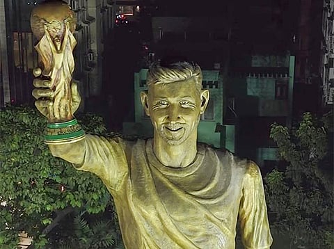 Football icon Lionel Messi's 70-foot statue at the Sree Bhumi Sporting Club in Lake Town, Kolkata.