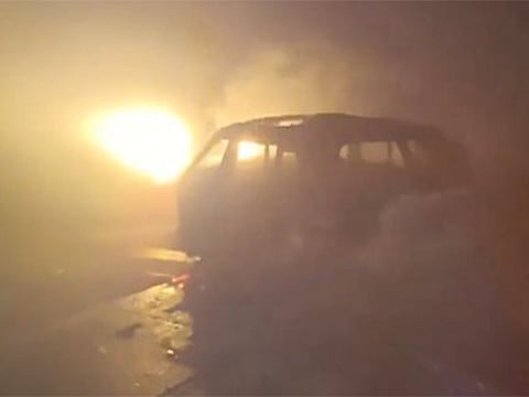 The impact and subsequent ignition of fuel tanks led to several vehicles catching fire, sending plumes of black smoke skyward.