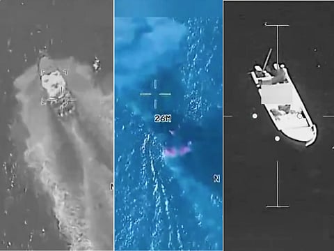 A screengrab showing strikes on three alleged drug-trafficking boats as part of Task Force Southern Spear.