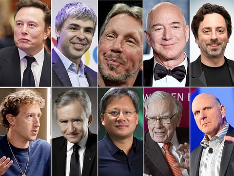 Richest 10 in 2025 (clockwise from top left): Elon Musk, Larry Page, Larry Ellison, Jeff Bezos, Sergey Brin, Steve Ballmer, Warren Buffett, Jensen Huang, Bernard Arnault and Mark Zuckerberg. Market sentiment and stock performance continue to cause daily wealth swings even at billionaire levels. Most saw overall net worth increases by end- 2025.