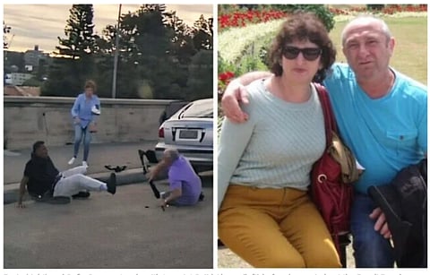 Dashcam video shows the couple confronting a Bondi Beach gunman before the deadly rampage that killed 16 people.