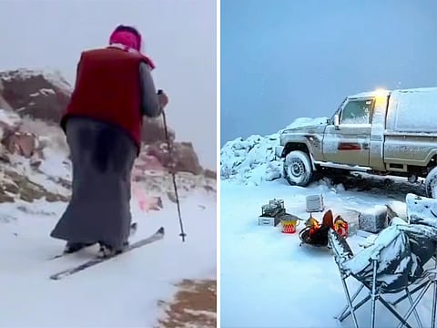 Unexpected snowfall brings skiing to northern Saudi Arabia.