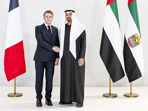 President His Highness Sheikh Mohamed bin Zayed Al Nahyan with Emmanuel Macron, President of the France, in Abu Dhabi.
