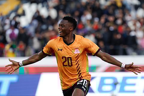 Zambia's forward #20 Patson Daka celebrates scoring his team's first goal during the Africa Cup of Nations (AFCON) Group A football match between Mali and Zambia at Mohammed V Stadium in Casablanca, Morocco on December 22, 2025.