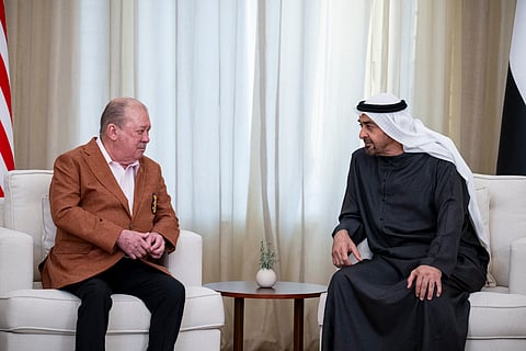 President His Highness Sheikh Mohamed bin Zayed Al Nahyan with King of Malaysia Sultan Ibrahim Ibni Almarhum Sultan Iskandar, at Qasr Al Bahr in Abu Dhabi.