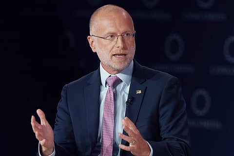 FILE - Federal Communications Commission chairman Brendan Carr speaks during the Concordia Annual Summit in New York, Sept. 22, 2025. (AP Photo/Andres Kudacki, File)