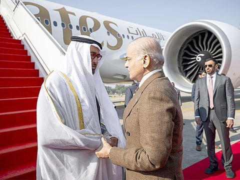 President His Highness Sheikh Mohamed bin Zayed Al Nahyan is received by Shehbaz Sharif, Prime Minister of Pakistan, at Nur Khan Airbase in Islamabad.