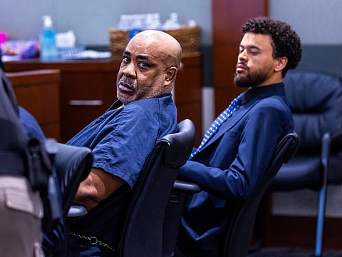 Duane Davis, left, looks back during a hearing on claims of juror misconduct in his jailhouse battery case at the Regional Justice Center, July 2, 2025, in Las Vegas.