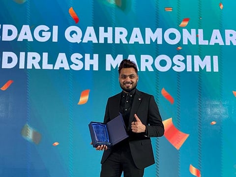 Anees Mohamed after receiving the award in Tashkent earlier this month.