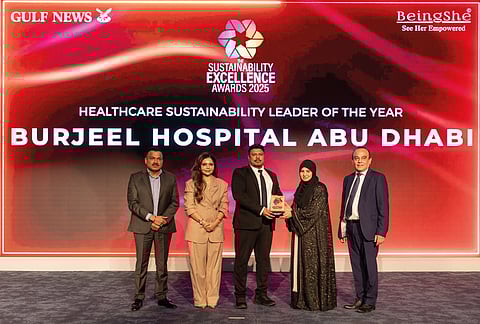 Anand Ramanathan, Director – Quality, Burjeel Hospital Abu Dhabi with Dr. Habiba Al Marashi, Captain Pradeep Singh of Karma Developers, Vijay Vaghela of Gulf News, and Aparna Bajpai of BeingShe