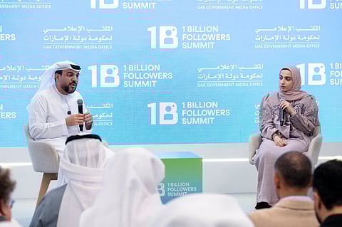 Saeed Al Eter and Alia Al Hammadi during a press conference in Dubai to announce details of the fourth edition of the 1 Billion Followers Summit